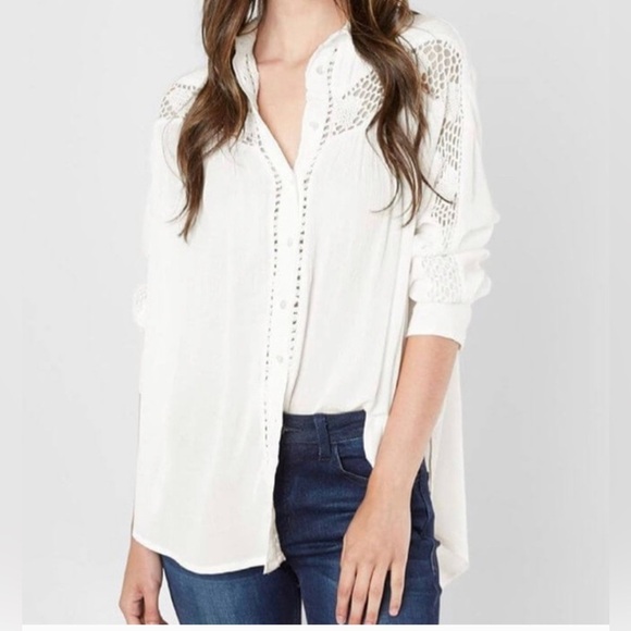 Free People Katie Bird Crocheted gauzy  Button Down Top Medium - Picture 1 of 9